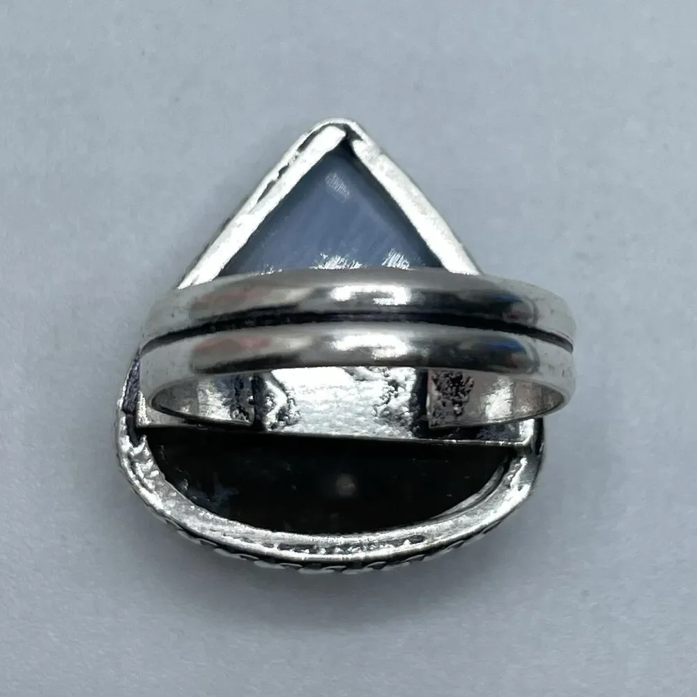 Stunning Boho Trillion Cut Owhyee Blue Opal Silver Plated Gemstone Ring 7.5
